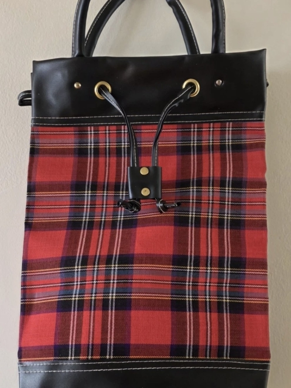 Plaid Drawstring Tote Bag with Black Trim